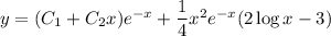 y=(C_1+C_2x)e^{-x}+\dfrac14x^2e^{-x}(2\log x-3)