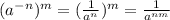 (a^{-n})^m =(\frac{1}{a^n})^m = \frac{1}{a^{nm}}