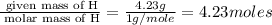 \frac{\text{ given mass of H}}{\text{ molar mass of H}}= \frac{4.23g}{1g/mole}=4.23moles