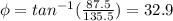 \phi = tan^{-1} (\frac{87.5}{135.5})=32.9