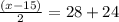 \frac{(x-15)}{2}=28+24