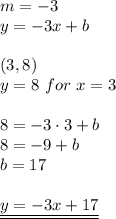m=-3 \\&#10;y=-3x+b \\ \\ (3,8) \\&#10;y=8 \ for \ x=3 \\ \\&#10;8=-3 \cdot 3 + b \\&#10;8=-9+b \\&#10;b=17 \\ \\&#10;\underline{\underline{y=-3x+17}}
