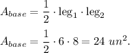 A_{base}=\dfrac{1}{2}\cdot \text{leg}_1\cdot \text{leg}_2\\ \\A_{base}=\dfrac{1}{2}\cdot 6\cdot 8=24\ un^2.