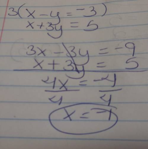 What is the x coordinate of the solution to the following system of equationsx-y=-3x+3y=5a x=-2b x=-