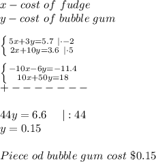 x-cost\ of\ fudge\\y-cost\ of\ bubble\ gum\\\\ \left \{ {{5x+3y=5.7\ |\cdot-2} \atop {2x+10y=3.6\ |\cdot5}} \right. \\\\ \left \{ {{-10x-6y=-11.4} \atop {10x+50y=18}} \right. \\+-------\\\\44y=6.6\ \ \ \ |:44\\y=0.15\\\\Piece\ od\ bubble\ gum\ cost\ \$0.15