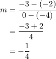 \begin{aligned}m&=\frac{{-3-\left({-2}\right)}}{{0-\left({-4}\right)}}\\&=\frac{{-3+2}}{4}\\&=-\frac{1}{4}\\\end{aligned}