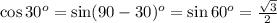 \cos 30^o =\sin(90-30)^o=\sin60^o=\frac{ \sqrt{3} }{2}