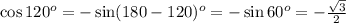 \cos 120^o =-\sin(180-120)^o=-\sin60^o=-\frac{ \sqrt{3} }{2}
