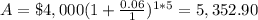 A=\$4,000(1+\frac{0.06}{1})^{1*5}=5,352.90