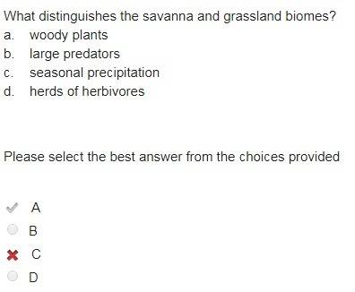What distinguishes the savanna and grassland biomes?  a. woody plants b. large predators c. seasonal