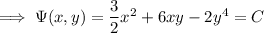 \implies\Psi(x,y)=\dfrac32x^2+6xy-2y^4=C