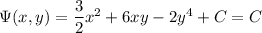 \Psi(x,y)=\dfrac32x^2+6xy-2y^4+C=C