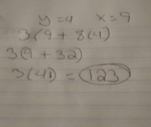 How do i find the numerical value if x=9 and y=4 of he equation 3(x+8y)