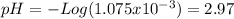 pH=-Log(1.075x10^{-3} )=2.97