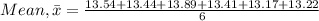 Mean, \bar {x} = \frac{13.54 + 13.44 + 13.89 + 13.41 + 13.17 + 13.22}{6}