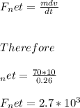 F_net=\frac{mdv}{dt}\\\\\\Therefore\\\\\F_net=\frac{70*10}{0.26}\\\\F_net=2.7*10^3\\\\\\