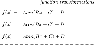 \bf \qquad \qquad \qquad \qquad \textit{function transformations}&#10;\\ \quad \\&#10;% function transformations for trigonometric functions&#10;\begin{array}{rllll}&#10;% left side templates&#10;f(x)=&{{  A}}sin({{  B}}x+{{  C}})+{{  D}}&#10;\\\\&#10;f(x)=&{{  A}}cos({{  B}}x+{{  C}})+{{  D}}\\\\&#10;f(x)=&{{  A}}tan({{  B}}x+{{  C}})+{{  D}}&#10;\end{array}&#10;\\\\&#10;-------------------\\\\