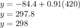 y=-84.4+0.91(420)\\y=297.8\\y=298