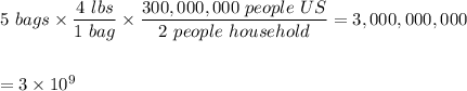 5\ bags \times \dfrac{4\ lbs}{1\ bag}\times \dfrac{300,000,000\ people\ US}{2\ people\ household}=3,000,000,000\\\\\\=3\times 10^9