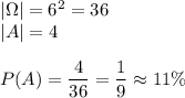 |\Omega|=6^2=36\\&#10;|A|=4\\\\&#10;P(A)=\dfrac{4}{36}=\dfrac{1}{9}\approx11\%