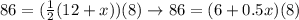 86=(\frac{1}{2}(12+x))(8) \rightarrow 86= (6+0.5x)(8)