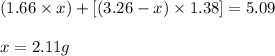 (1.66\times x)+[(3.26-x)\times 1.38]=5.09\\\\x=2.11g