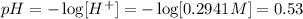 pH=-\log [H^+]=-\log [0.2941 M]=0.53