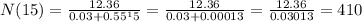 N(15)=\frac{12.36}{0.03+0.55^15}=\frac{12.36}{0.03 + 0.00013}=\frac{12.36}{0.03013}= 410
