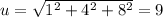 u=\sqrt{1^{2}+4^{2}+8^{2}}=9
