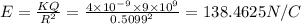 E=\frac{KQ}{R^2}=\frac{4\times 10^{-9}\times 9\times 10^{9}}{0.5099^2}=138.4625N/C