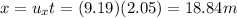 x=u_x t = (9.19)(2.05)=18.84 m