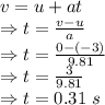 v=u+at\\\Rightarrow t=\frac{v-u}{a}\\\Rightarrow t=\frac{0-(-3)}{9.81}\\\Rightarrow t=\frac{3}{9.81}\\\Rightarrow t=0.31\ s