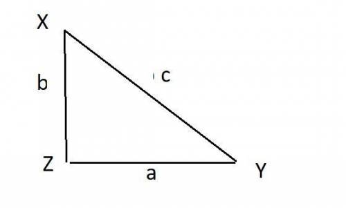Triangle x y z is shown. angle x z y is a right angle. the length of z x is b, the length of z y is