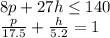 8p+27h\leq 140\\\frac{p}{17.5} +\frac{h}{5.2} =1