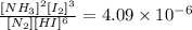 \frac{[NH_3]^2[I_2]^3}{[N_2][HI]^6}=4.09\times 10^{-6}