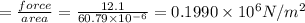=\frac{force}{area}=\frac{12.1}{60.79\times 10^{-6}}=0.1990\times 10^6N/m^2