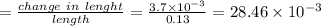 =\frac{change\ in\ lenght}{length}=\frac{3.7\times 10^{-3}}{0.13}=28.46\times 10^{-3}