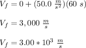 V_f=0+(50.0\ \frac{m}{s^2})(60\ s)\\\\V_f=3,000\ \frac{m}{s}\\\\V_f=3.00*10^3\ \frac{m}{s}