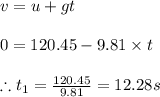 v=u+gt\\\\0=120.45-9.81\times t\\\\\therefore t_{1}=\frac{120.45}{9.81}=12.28s