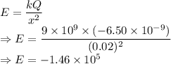E = \dfrac{kQ}{x^2}\\\Rightarrow E = \dfrac{9\times 10^9\times (-6.50\times 10^{-9})}{(0.02)^2}\\\Rightarrow E = -1.46\times 10^5