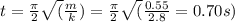 t=\frac{\pi}{2}\sqrt(\frac{m}{k})=\frac{\pi}{2}\sqrt(\frac{0.55}{2.8}= 0.70s)