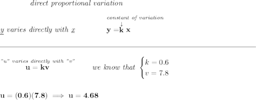 \bf \qquad \qquad \textit{direct proportional variation} \\\\ \textit{\underline{y} varies directly with \underline{x}}\qquad \qquad \stackrel{\textit{constant of variation}}{y=\stackrel{\downarrow }{k}x~\hfill } \\\\[-0.35em] \rule{34em}{0.25pt}\\\\ \stackrel{\textit{"u" varies directly with "v"}}{u=kv}\qquad \textit{we know that } \begin{cases} k=0.6\\ v=7.8 \end{cases} \\\\\\ u=(0.6)(7.8)\implies u=4.68