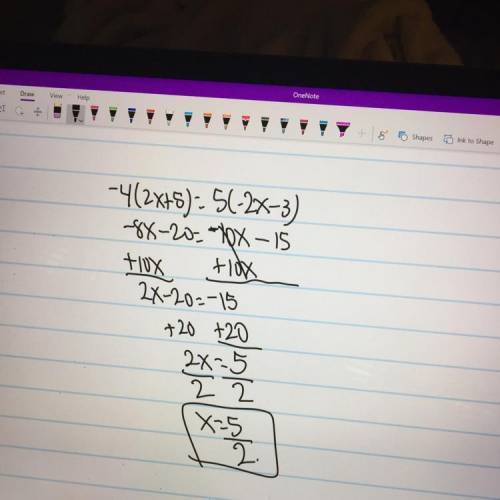4(2x+5)=5(-2x-3) lhs= rhs= answer pls