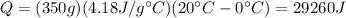 Q=(350g)(4.18 J/g^{\circ}C)(20^{\circ}C-0^{\circ}C)=29260 J