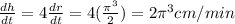 \frac{dh}{dt}=4\frac{dr}{dt}=4(\frac{\pi^3}{2})=2\pi^3 cm/min