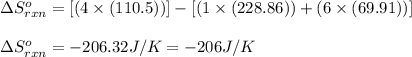 \Delta S^o_{rxn}=[(4\times (110.5))]-[(1\times (228.86))+(6\times (69.91))]\\\\\Delta S^o_{rxn}=-206.32J/K=-206J/K