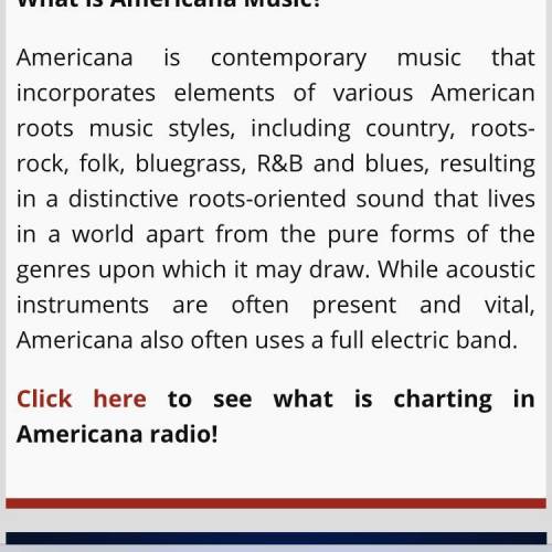 Americana is a blend of the following kinds of music: a. folk, bluegrass, rock, and countryb. folk,