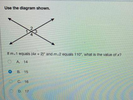 If m 1 equals (4x + 2)° and m4 equals 110°, what is the value of x?  a.17  b.28 c.30 d.32