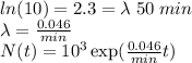 ln(10)=2.3=\lambda\;50\;min\\\lambda= \frac{0.046}{min}\\N(t) = 10^3\exp(\frac{0.046}{min}t)\\