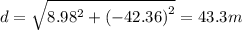 d=\sqrt{8.98^{2}+\left ( -42.36 \right )^{2}}=43.3 m
